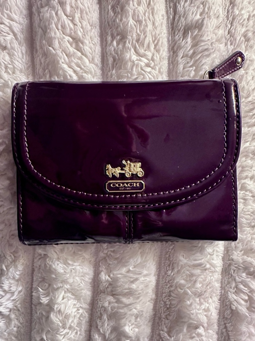 Coach Vintage Patent Leather Madison Tri Fold Wallet in Deep Purple